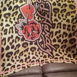 Ed Hardy Leopard Print Scarf with Rose Graphic in Yellow, Black, Pink, Red